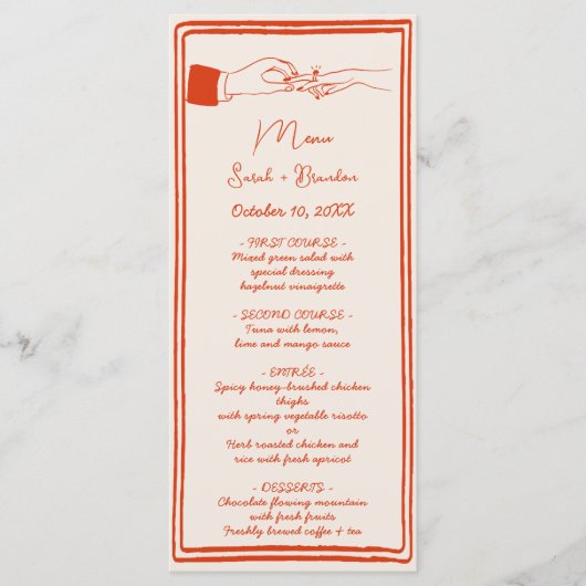 Elegante Hand getrokken Retro Sinaasappel bruiloft Menu (Voorkant)