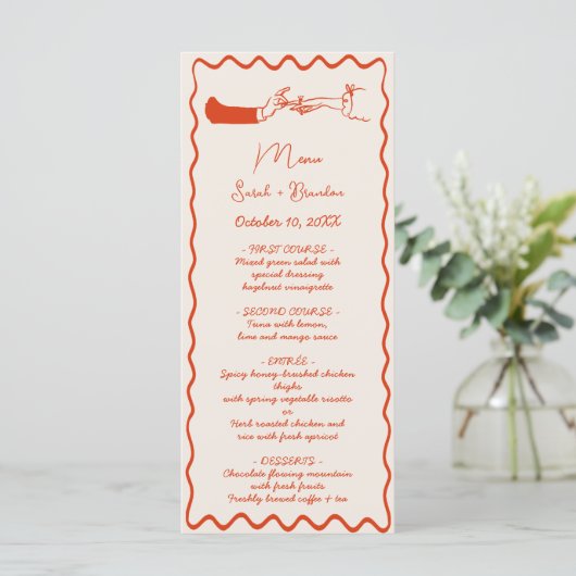 Elegante Hand getrokken Retro Sinaasappel bruiloft Menu (Staand voorkant)