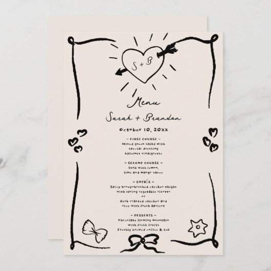 Elegante Hand Getrokken Retro Zwart Trouwmenu Kaart (Voorkant / Achterkant)