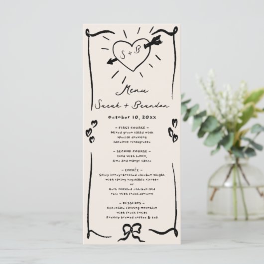 Elegante hand getrokken retro zwarte bruiloft menu (Staand voorkant)