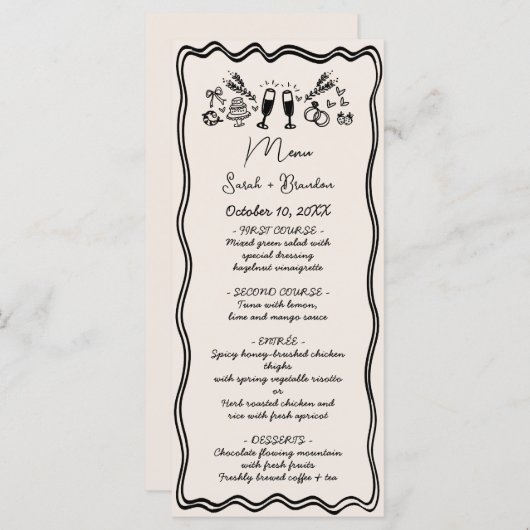 Elegante hand getrokken retro zwarte bruiloft menu (Voorkant / Achterkant)