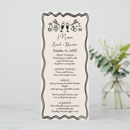 Elegante hand getrokken retro zwarte bruiloft menu (Staand voorkant)