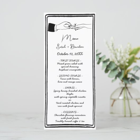 Elegante hand getrokken retro zwarte bruiloft menu (Staand voorkant)