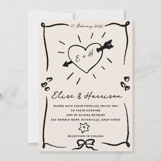 Elegante hand getrokken retro zwarte bruiloft uitn kaart (Voorkant)