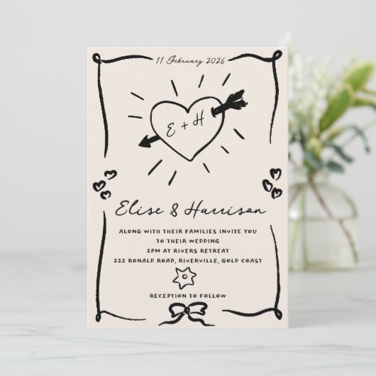 Elegante hand getrokken retro zwarte bruiloft uitn kaart (Staand voorkant)