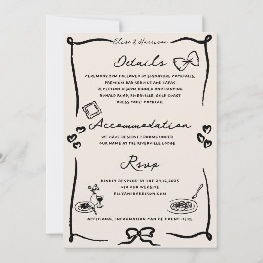 Elegante hand getrokken retro zwarte bruiloft uitn kaart (Achterkant)