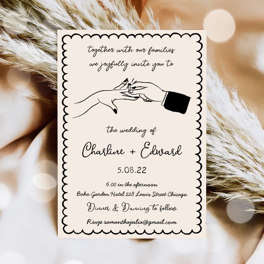 Elegante hand getrokken retro zwarte bruiloft uitn kaart