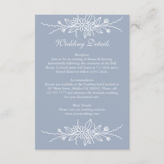 Elegante Hand Getrokken Stoffig Blauw Huwelijk Det Informatiekaartje (Voorkant)