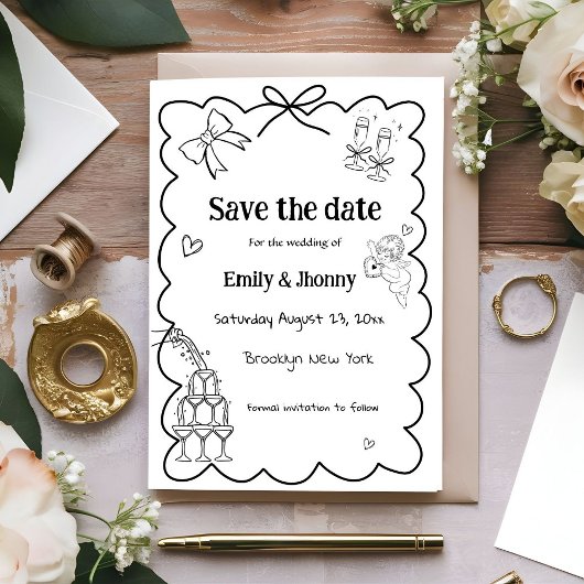 Elegante Hand Getrokken Trouwen Save the date Kaar Kaart