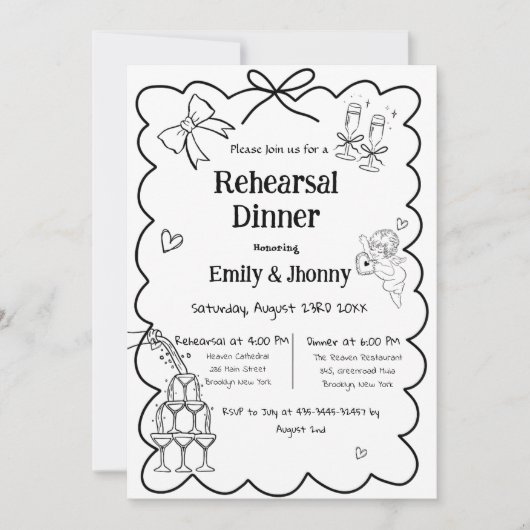 Elegante Hand Getrokken Wedding Repetitie Diner Ui Kaart (Voorkant)