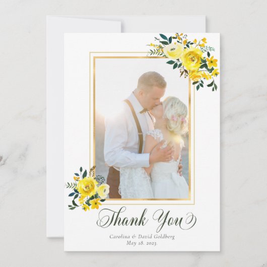 Elegante Hand Lettered Yellow Rose Bloemen Foto Bedankkaart (Voorkant)