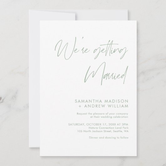 Elegante Hand Lettering Sage Groene Bruiloft Kaart (Voorkant)
