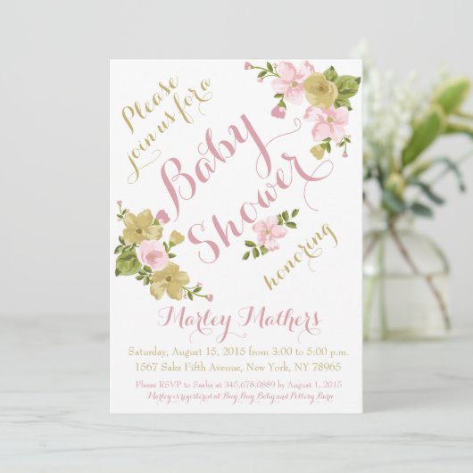 Elegante Hand Painted Flower Baby shower Uitnodigi Kaart (Staand voorkant)