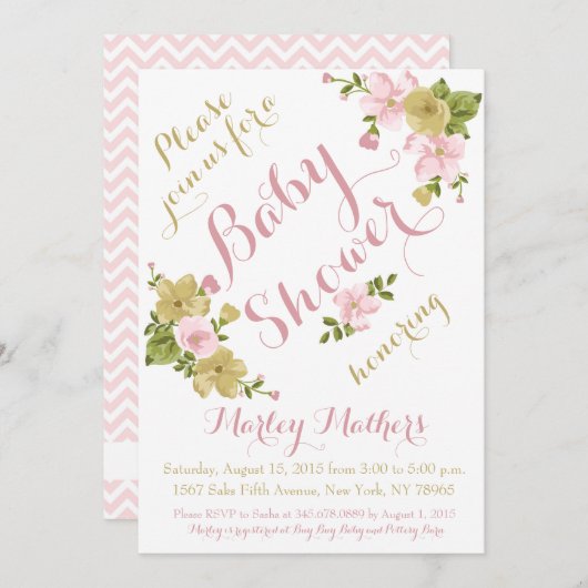 Elegante Hand Painted Flower Baby shower Uitnodigi Kaart (Voorkant / Achterkant)