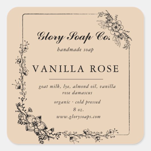 Elegante handgeschetste floral zeep bar sticker (Voorkant)