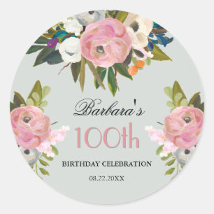 Elegante handgeschilderde bloem 100ste verjaardag ronde sticker