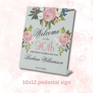 Elegante handgeschilderde bloem 90e verjaardag Wel Reclamebord Met Voetstuk