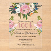 Elegante handgeschilderde bloemenfeest 100e verjaa acryl uitnodigingen (Voorkant)