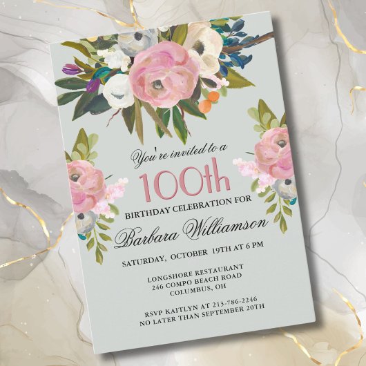 Elegante handgeschilderde bloemenfeest 100e verjaa kaart