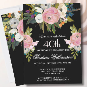 *Elegante handgeschilderde bloemige 40ste verjaard Kaart