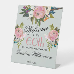 Elegante handgeschilderde bloemige 60e verjaardag  reclamebord met voetstuk