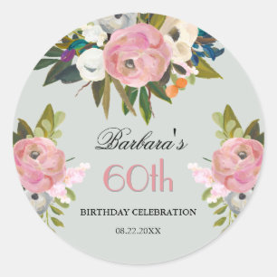 Elegante handgeschilderde bloemige 60e verjaardag ronde sticker