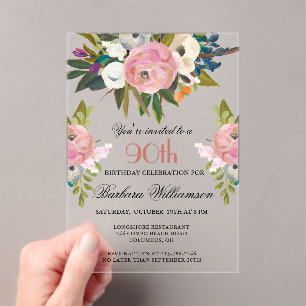 Elegante handgeschilderde bloemige 90ste verjaarda acryl uitnodigingen