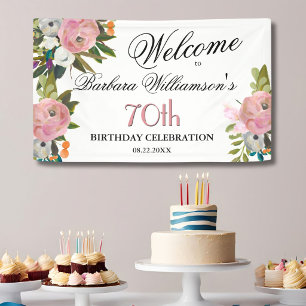 *Elegante handgeschilderde bloemrijke 70ste verjaa Spandoek