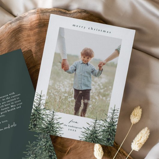 Elegante handgeschilderde dennenboom foto kersthol feestdagenkaart