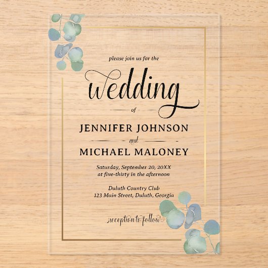 Elegante handgeschilderde eucalyptusbruiloft acryl uitnodigingen (Voorkant)