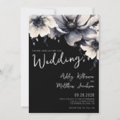 Elegante Handgeschreven Boho Bloemen Zwarte Huweli Kaart (Voorkant)