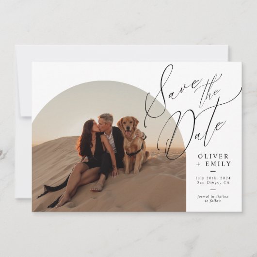 Elegante handgeschreven boogfoto bewaar de datum kaart (Voorkant)