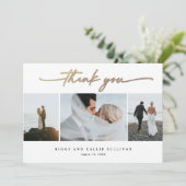 Elegante handgeschreven gouden script bruiloft fot bedankkaart (Staand voorkant)