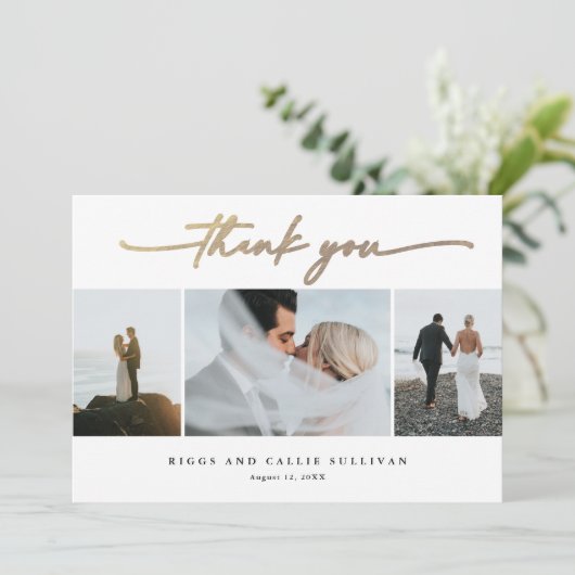 Elegante handgeschreven gouden script bruiloft fot bedankkaart (Staand voorkant)