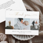 Elegante handgeschreven gouden script bruiloft fot bedankkaart<br><div class="desc">Elegante handgeschreven gouden script bruiloft foto dank je kaart. De achterkant bevat een bedankbericht van het paar of je kunt het verwijderen als je liever met de hand je bedankje schrijft.</div>