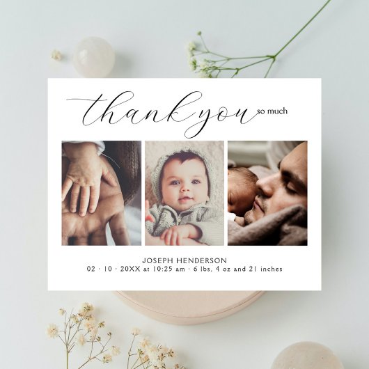 Elegante handgeschreven script 3 foto baby bedankt