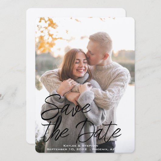 Elegante handgeschreven script aangepaste foto save the date (Voorkant / Achterkant)