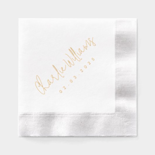 Elegante handgeschreven stijl naam datum echt folie servetten (Voorkant)