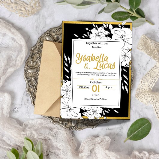 Elegante handgetekende bloemenbruiloft uitnodiging