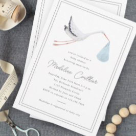 Elegante handgetekende ooievaar jongens baby showe kaart