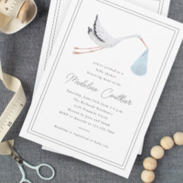 Elegante handgetekende ooievaar jongens baby showe magnetische uitnodiging
