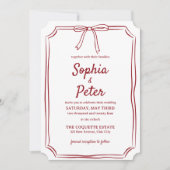 Elegante handgetekende strik Chic Crimson Red Wedd Kaart (Voorkant)