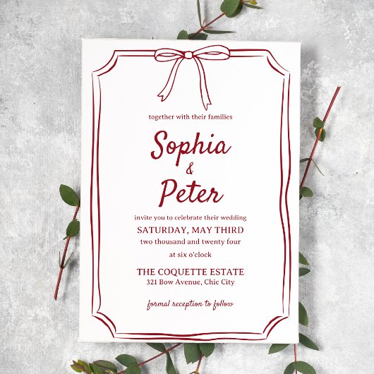 Elegante handgetekende strik Chic Crimson Red Wedd Kaart