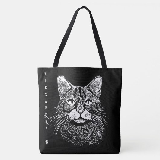 Elegante handgetekende zwart-witte kat gepersonali tote bag (Voorkant)