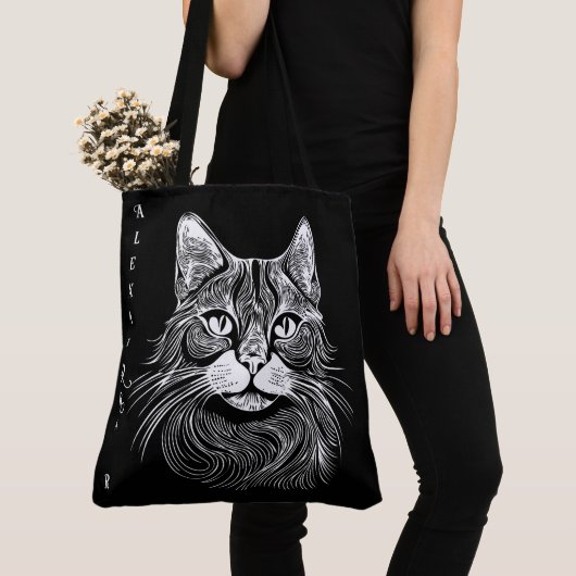 Elegante handgetekende zwart-witte kat gepersonali tote bag (Dichtbij)