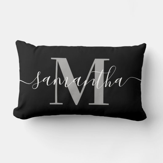 Elegante handtekening grijs modern monogram zwart kussen (Voorkant)