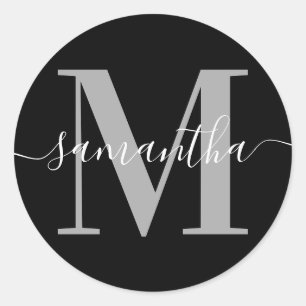 Elegante handtekening Grijs Moderne Monogram Zwart Ronde Sticker