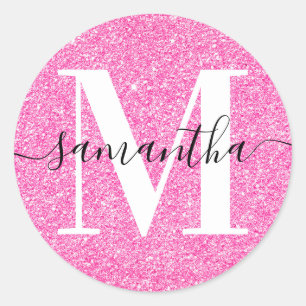 Elegante handtekening moderne monogram roze glitte ronde sticker