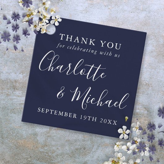 Elegante handtekening Navy Blue bruiloft dank u Bedankjes Labels