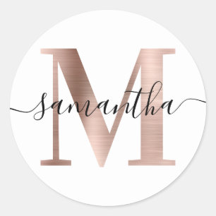 Elegante handtekening Roze Goud Folie M Monogram Ronde Sticker